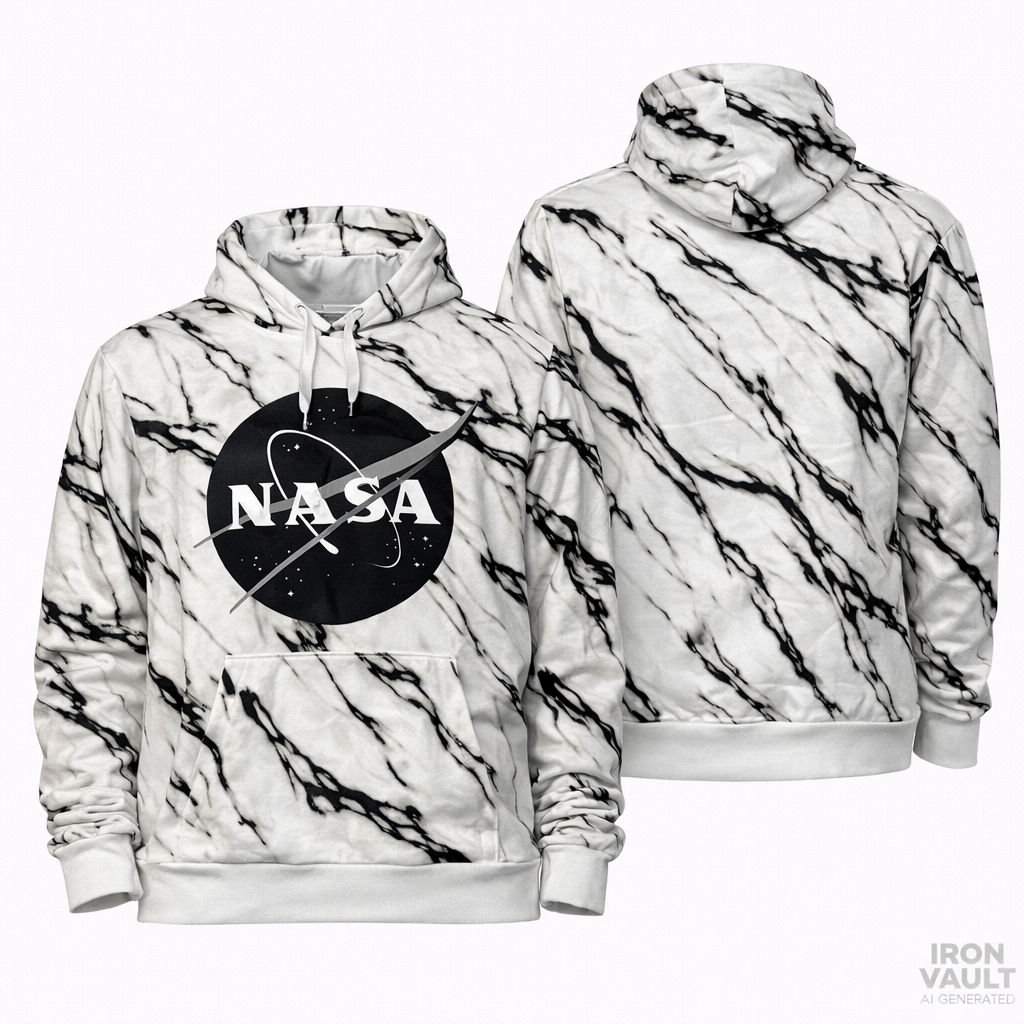 NASA Men's XL White Black Marble Graphic Print Pullover Hoodie