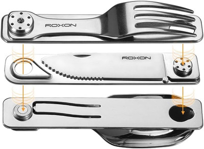 ROXON 3-In-1 Knife Spoons Fork + Pouch - Magnetic Folding Stainless Steel Campin