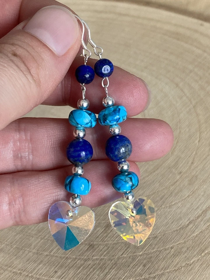 Natural Turquoise Lapis Lazuli Heart Drop Earrings Sterling Silver 925 Plated - Image 4 of 4