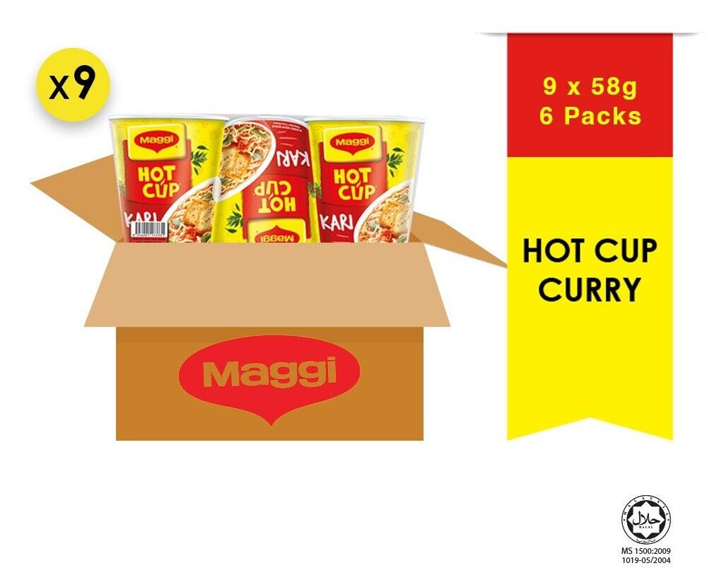 1 caja de cartón HOT Cup Maggi "CURRY"" Sabor (9 x 6 x 58 gramos) de Malasia