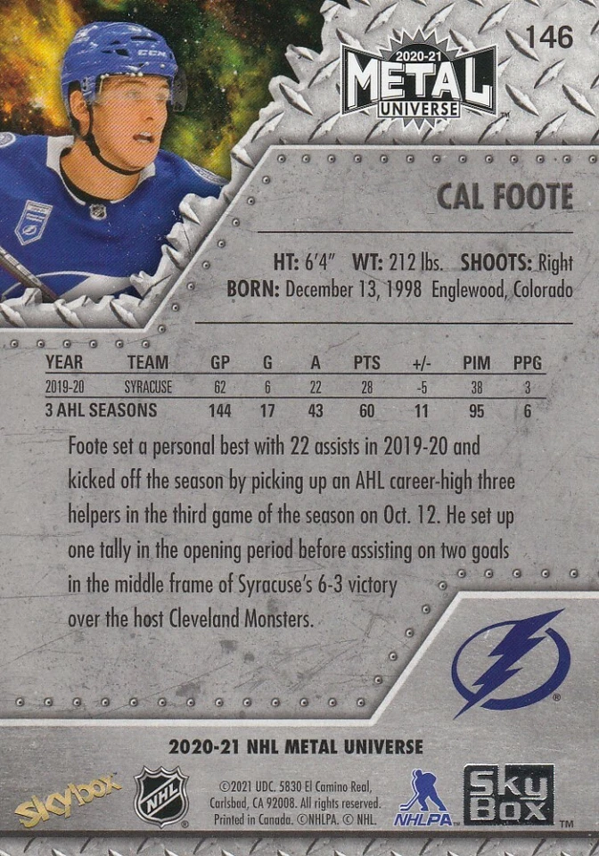2020-21 Cal Foote Skybox Metal Universe Rookie Hockey Card #146 - Image 2 of 2