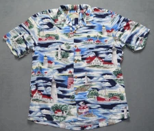 VTG Paradise Found Shirt Mens M Button Up Hawaiian Camp Lighthouse 90s USA Rayon