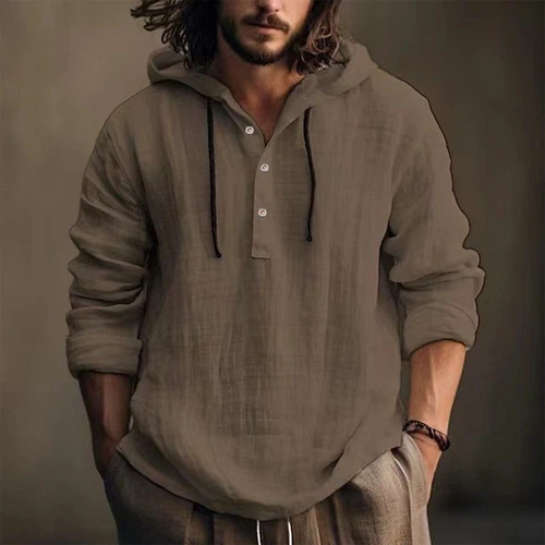 Men's Cotton Linen Hoodies Drawstring Button Hooded Swaeatshirts T Shirts Tops - Bild 20 von 41