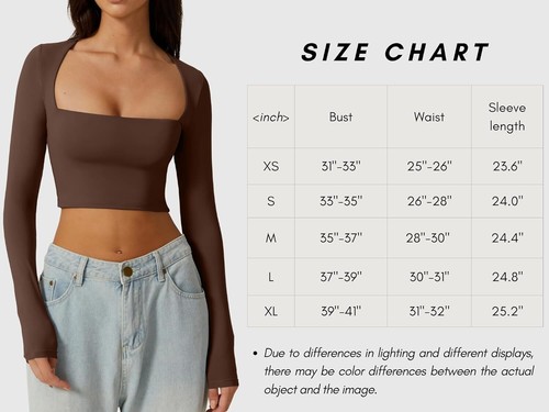 Women's Sexy Square Neck Crop Top Long Sleeve Slim Fit Cropped T Shirts - Picture 67 of 67
