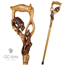 Luxury Walking Stick Cane Staff Wooden Hand Carved Crafted Bear & Gazelle mens