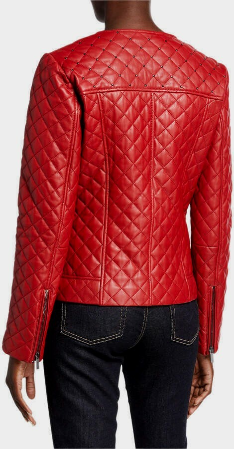 NEW NEIMAN MARCUS QUILTED SHORT LEATHER MOTO-JACKET RED 562423GNM