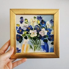 Violet Painting Bouquet of Flowers Original Art Impasto Oil Painting Floral 6x6"