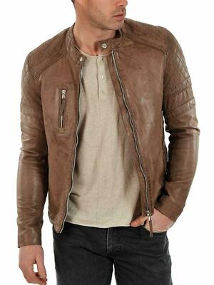 Men's Retro Brown Biker Leather Jacket Real Lambskin Motorcycle Café Racer Coat