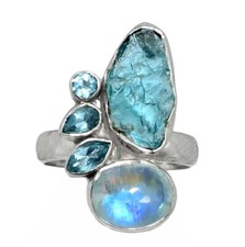 Aquamarine Rough , Moonstone, and Topaz in Sterling Silver Ring sz 7