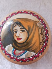 Vtg Romania Wooden Folk Art Trinket Box Lovely Woman Hand Carved & Painted Cameo