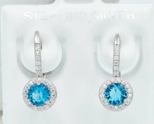 LAB CREATED 2.18 Cts BLUE TOPAZ  WHITE SAPPHIRE DANGLING EARRINGS .925 Silver