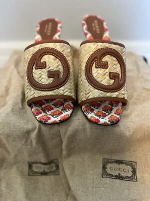 New Gucci Mabel Raffia Slide Sandals 75mm kitten heel SZ 39.5/ US 9.5 Women