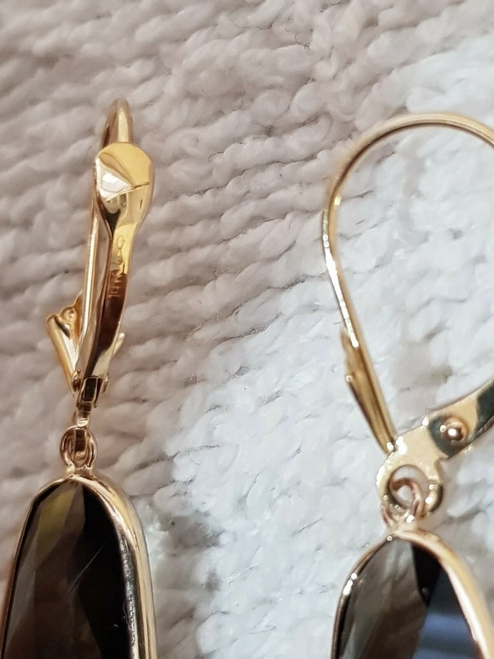 14k Yellow Gold Earrings with Smoky Topaz 9×27 mm / Leverback. - Image 3 of 4