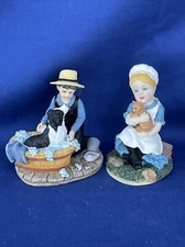 Vintage AMISH Boy & Girl Wash Tub Day Border Collie Cat Kitten Figurines❤️ct39j1