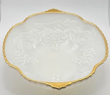 Vtg Anchor Hocking Milk Glass Serving Bowl w/ Grape & Leaf Pattern, 10" Dia.