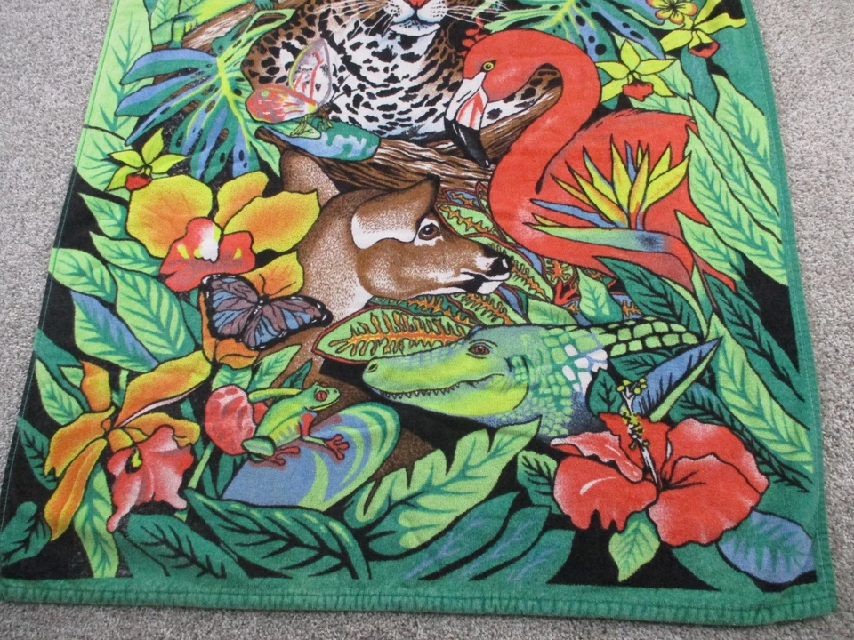 Toalla de Playa Xcaret Cancún Tropical Selva Animales Jaguar Loro Flamenco Tucán Foto 2 de 4