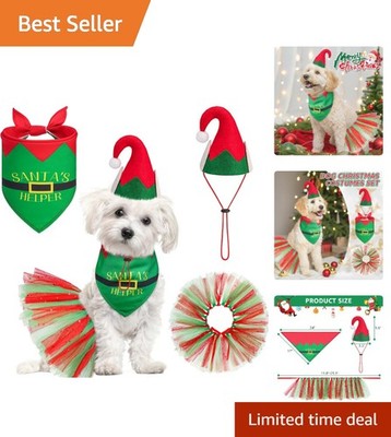 Cute Adjustable Christmas Dog Costume - Bandana, Tutu & Elf Hat for Winter Fun