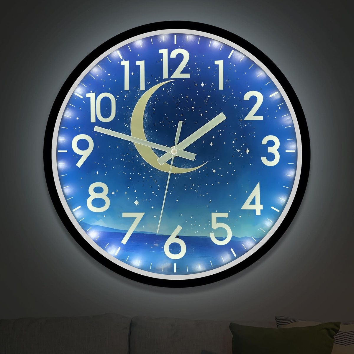 Future City Space Moon Saturn Galaxy Glow In The Dark Wall Clock New!