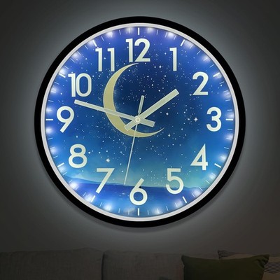 Glow in The Dark Wall Clock 12-inch Blue Moon Silent with LED Sound Control