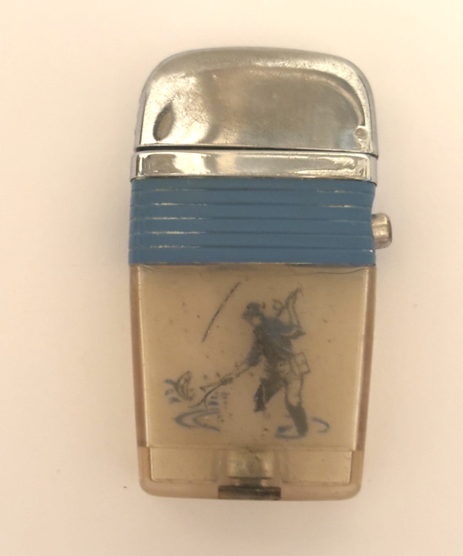 Collectible Vintage Blue Band Scripto Vu Lighter with Fisherman