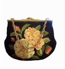 Vintage Black Floral Needlepoint Kiss Lock Clutch w/Gold Chain Strap, Pocket