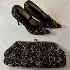 1940s or 1950s European NANETTE ORIGINALS MATCHING SHOES CLUTCH PURSE black gold