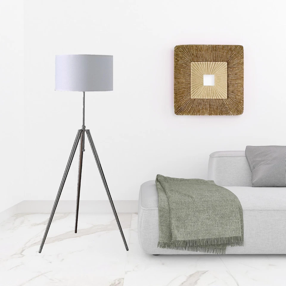 Lámpara de pie trípode ajustable plateada 64" con pantalla de tela blanca Foto 3 de 4