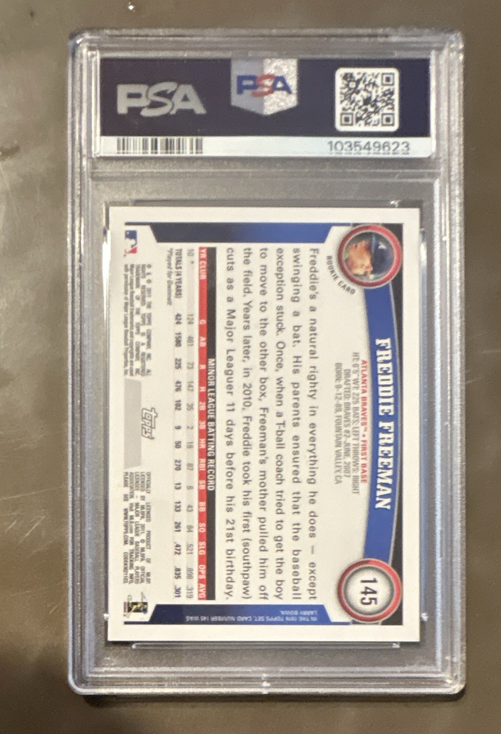 Topps 2011 Freddie Freeman #145 Rookie Card Atlanta Braves PSA 10 view 2
