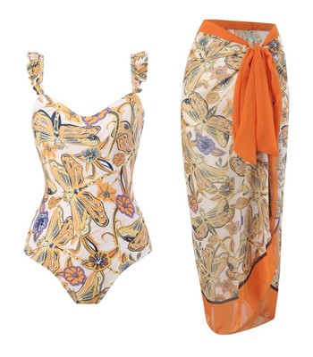 Aprilake Women Orange Dragonfly Ruffle Trim Swimsuit & Sarang Wrap Midi Skirt L