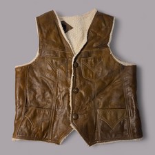 Vintage Leather Shearling Vest Western Sherpa Lined Brown XL Ranch Cowboy Wear