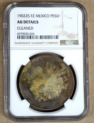 MEXICO 1902 ZS FZ SILVER PESO NGC AU DETAILS, CLEANED 020024