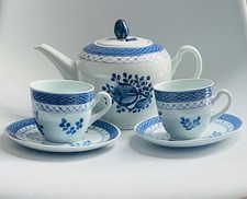 Vintage Royal Copenhagen Fajance Blue White Tea Set Teapot Cups Saucers Denmark