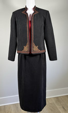 Vintage 90s 3 Pc Suit Set M Black Red Embroidered Jacket Skirt Top Modest Formal