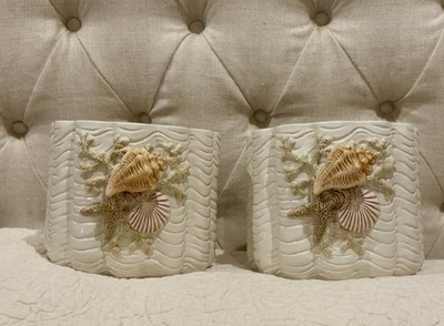 Vintage  Fitz & Floyd Ceramic Planters (2) Seascape Cachepot Nautical Seashells