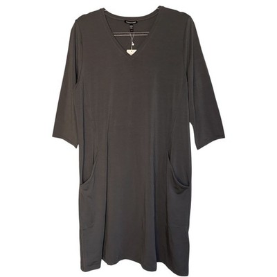 Eileen Fisher Large Gray V-Neck A-Line Stretch Jersey Knit Dress Pockets NWT