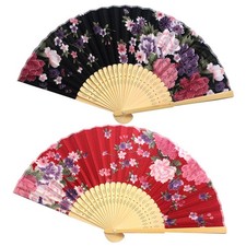2 Pcs Floral Folding Fan Bamboo Fabric Hand Fan For Summer Party Decoration