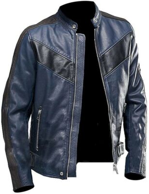 Blue Leather Jacket Men's Soft Lambskin Biker Slim Fit Motorcycle Belted Jacket