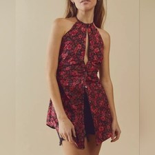 Free People NWOT Medium Lyla Halter Tunic Top Mini Dress Black Pink Red Floral