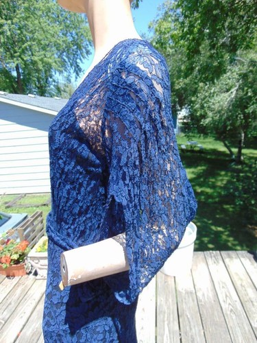 VTG 1930S BLUE ALENCON LACE DRESS WITH DECO STITCHING MED TO LG - Picture 5 of 12