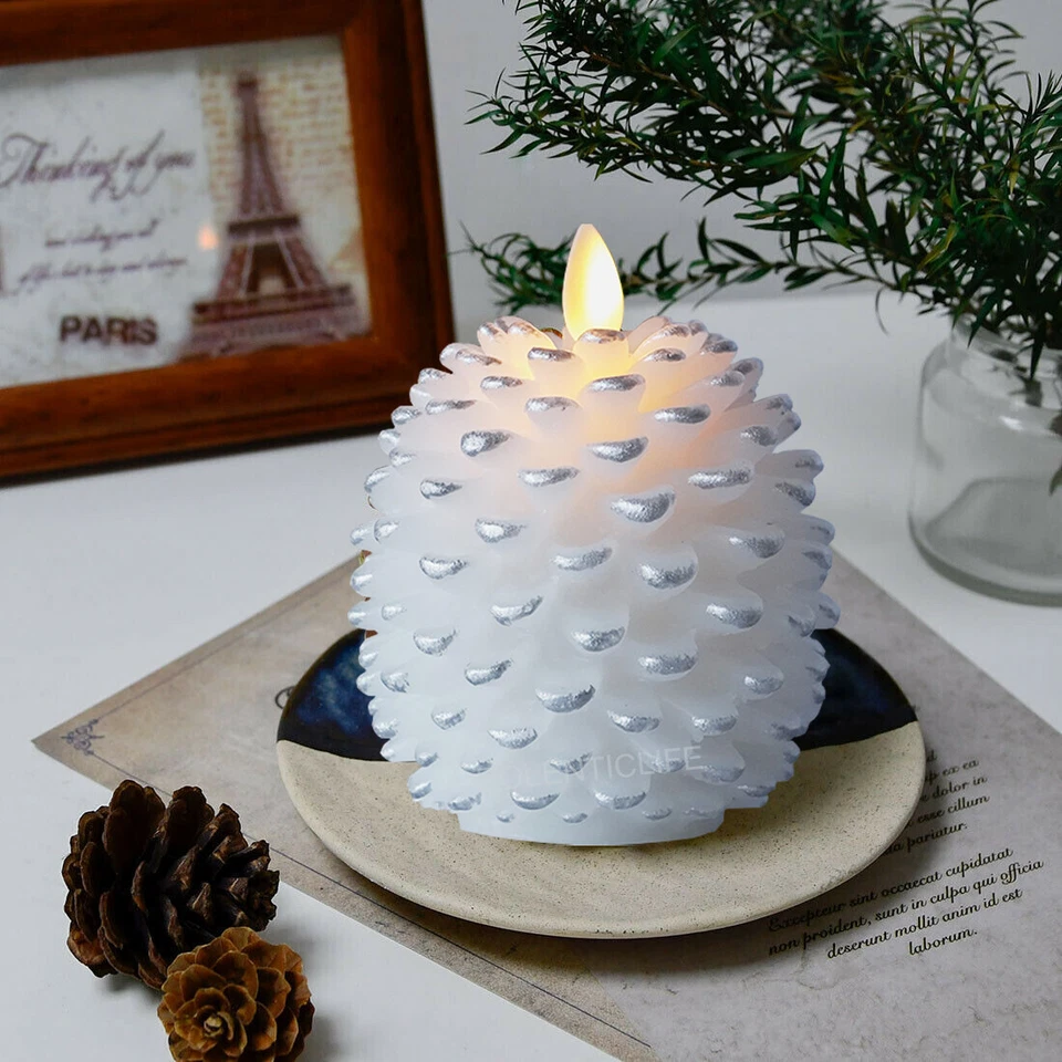 2 PIEZAS Velas de cera de cono de pino sin llama Luminara con mecha móvil remota blancas Foto 3 de 4