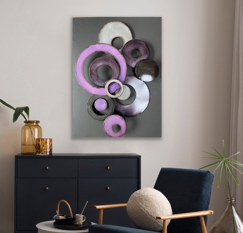 Large Abstract Metal Wall Art Purple Discs 80x60cm Mounted on Charcoal Ply Board - Picture 5 of 8