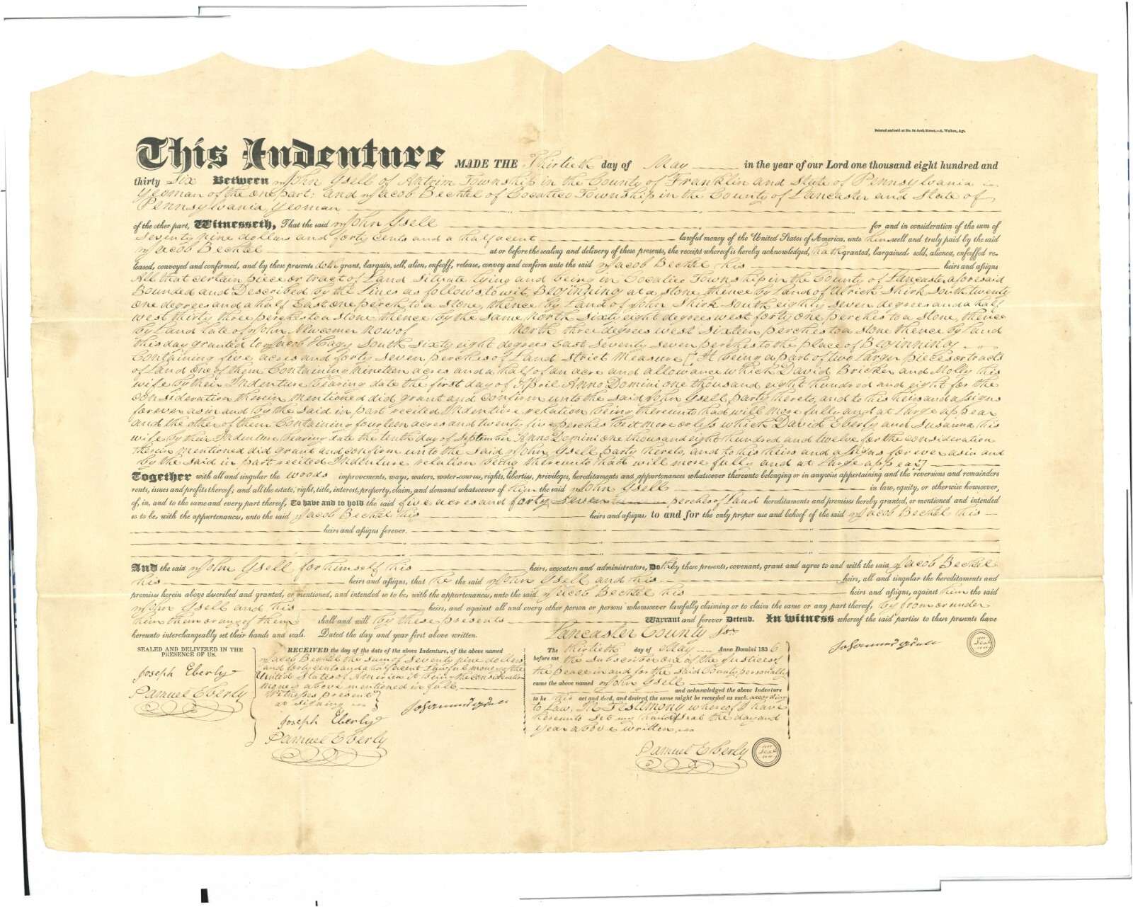 Deed Indenture Franklin Lancaster counties PA Gsell Bechtel families