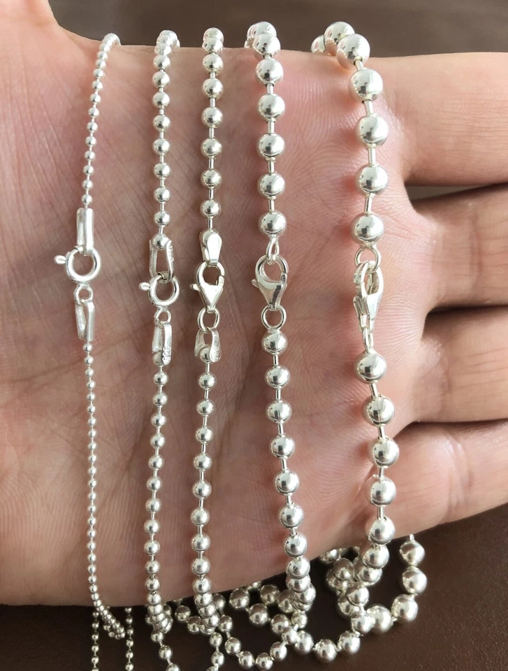 Collar de cadena de bolas de cuentas de plata esterlina maciza todos los tamaños 925 hecho en Italia Foto 2 de 2