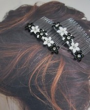 Black and White Lucite floral side hair combs with Vintage 1960's Crystals