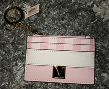 Victoria Secret V logo pink striped Card Case brand new 