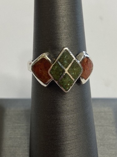 Mexico? Inlay Turquoise And Coral Ring Vintage Sterling Silver Native? Size 6 - Afbeelding 1 van 3