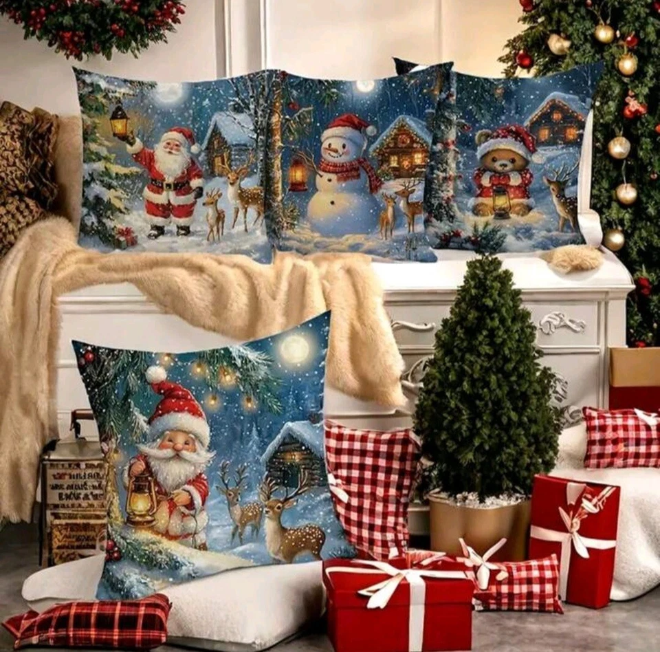 Set Of 4 Adorable Deer Santa And Friends Christmas Throw Pillow Covers - Image 2 of 4