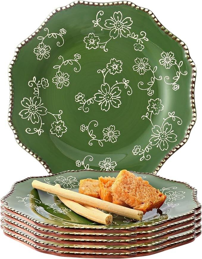 KUNABOO Ceramic Plates Salad Dessert 7.8” Dia Sakura Floral Pine Green 6 /set