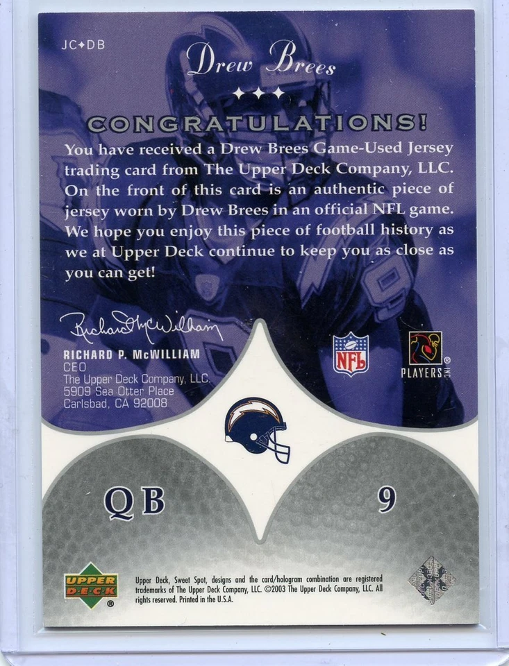2003 Upper Deck Sweet Spot Jerseys # JC-DB Drew Brees /300 - Image 2 of 2