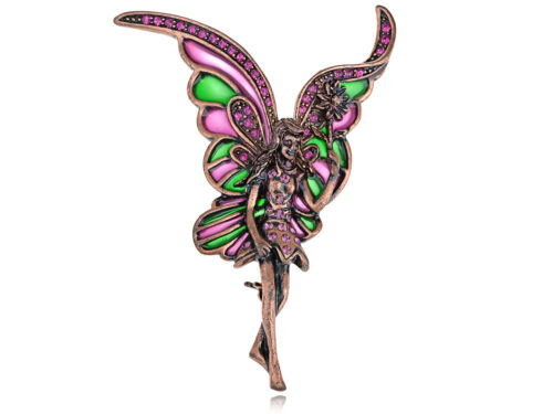 Vintage Copper Tone Fairy Flying Fuschia Crystal Rhinestone Fashion Pin Brooch - Picture 1 of 2